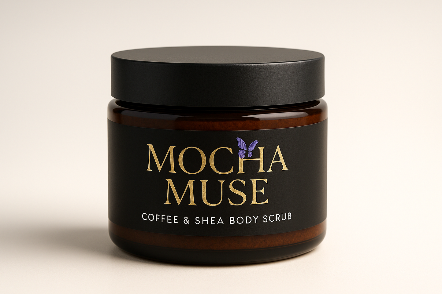 Make a product jar for Mocha Muse coffee & Shea Body Scrub. the jar should be brown with a black jar. Mocha Muse is in gold foil letters. Coffee & Shea Body Scrub is in white letters underneath. there is a small purple butterfly over the A in Mocha