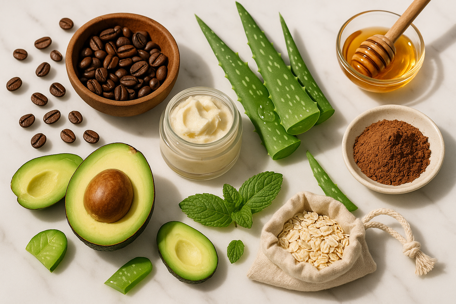 a skincare add image with natural ingredients such as coffee beans, shea butter, aloe, cocoa, avocado, etc.  Display the different ingredients in a way that looks appealing to the eye.