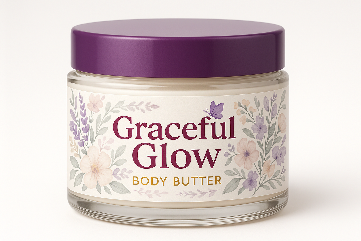 make a product jar for Graceful Glow Body Butter. The jar is clear with a purple lid. Graceful Glow is a bright Maroon color "Body Butter" is in yellow underneath. There is a small purple butter fly hovered over the W in Glow. Make a pretty floral theme with a color scheme that compliments the jar on the sides