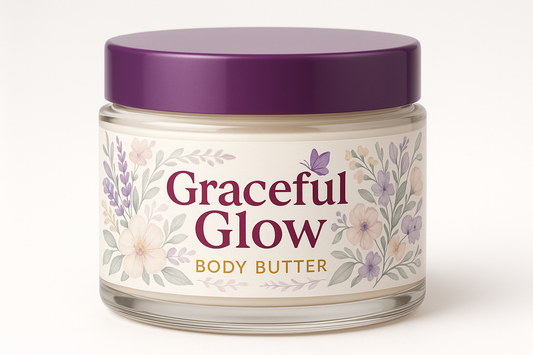 make a product jar for Graceful Glow Body Butter. The jar is clear with a purple lid. Graceful Glow is a bright Maroon color "Body Butter" is in yellow underneath. There is a small purple butter fly hovered over the W in Glow. Make a pretty floral theme with a color scheme that compliments the jar on the sides
