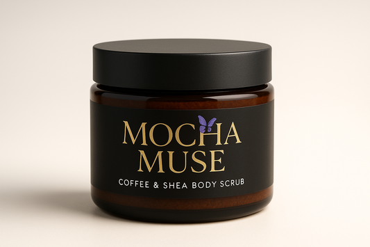 Make a product jar for Mocha Muse coffee & Shea Body Scrub. the jar should be brown with a black jar. Mocha Muse is in gold foil letters. Coffee & Shea Body Scrub is in white letters underneath.  there is a small purple butterfly over the A in Mocha