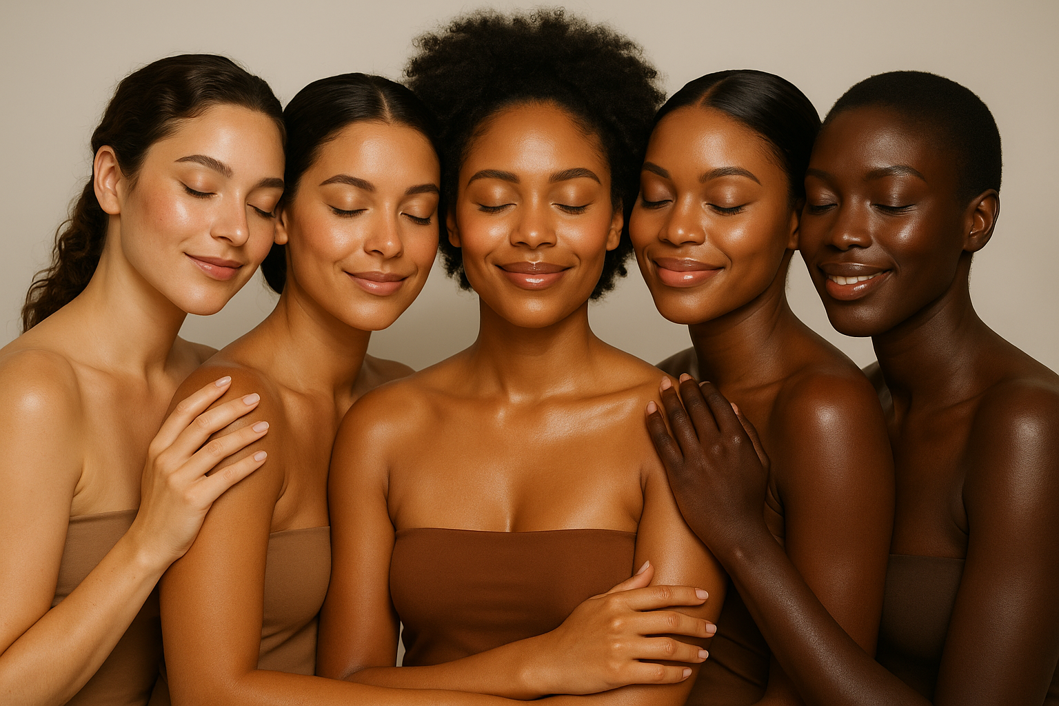 remove the lady in the middle and have everyone close eyes and smile confidently touching each other in unity